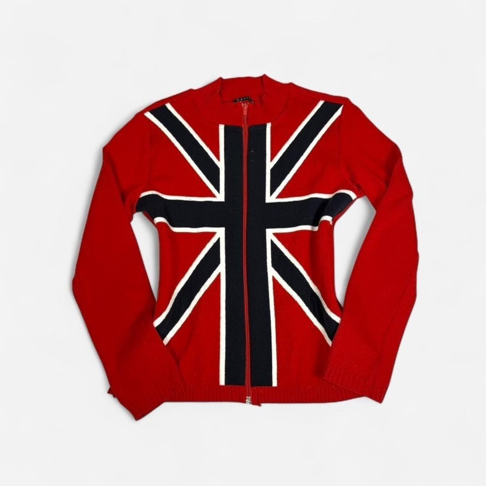 Vintage y2k Cenit Union Jack flag red & blue zip up long sleeve knit sweater